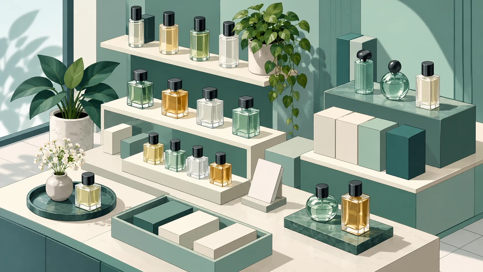 Isometric illustration of a small fragrance retail display