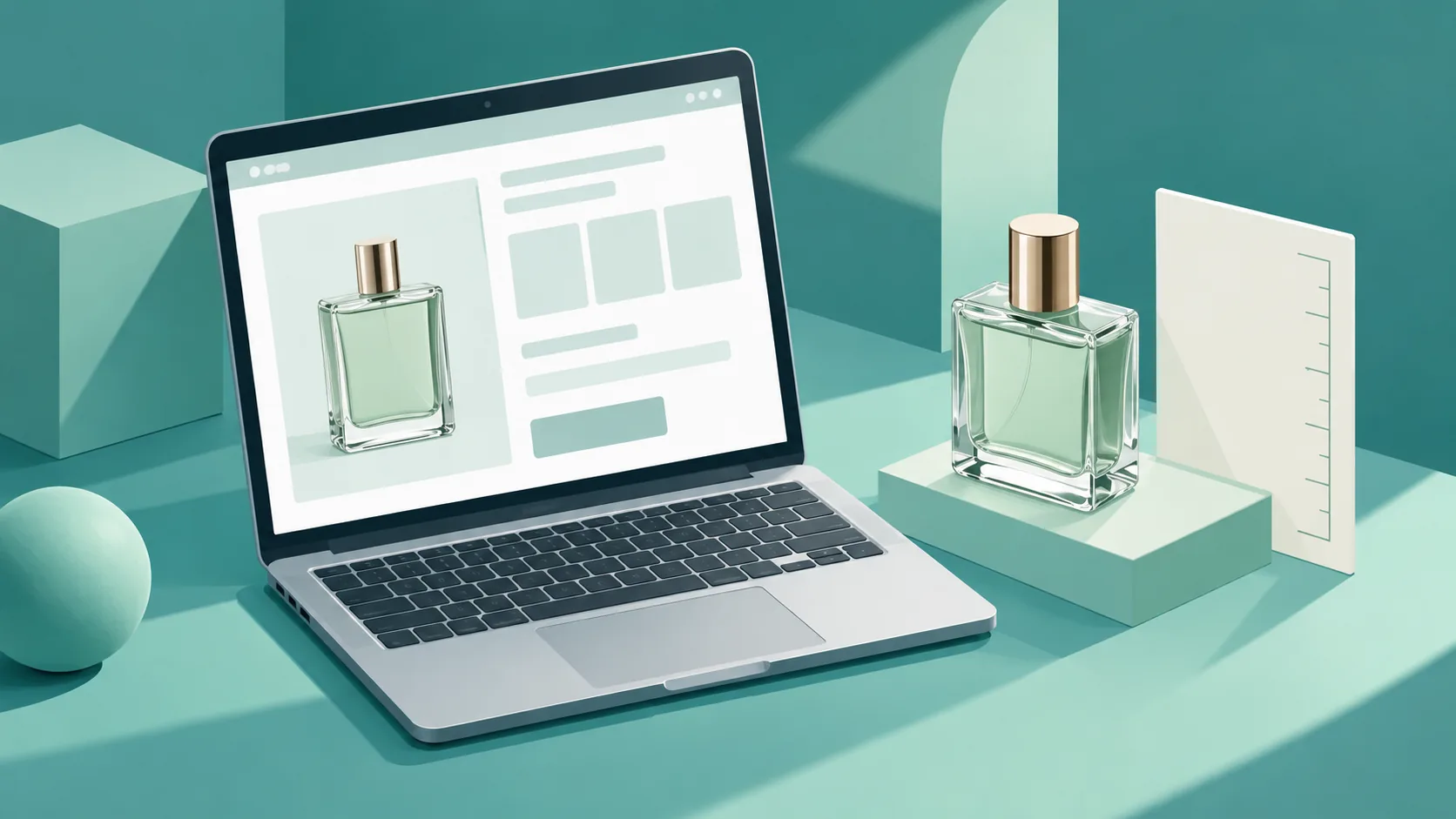 Illustrated generic bottle beside a laptop with blank product-page blocks