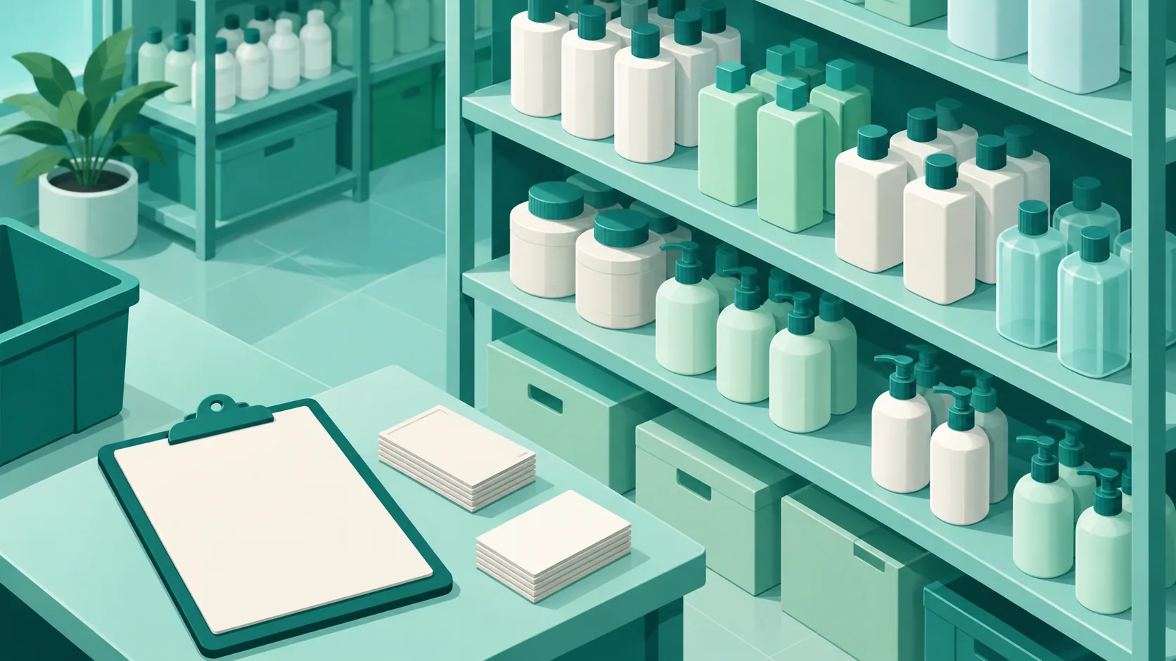 Isometric stock shelves with generic bottles and a blank clipboard