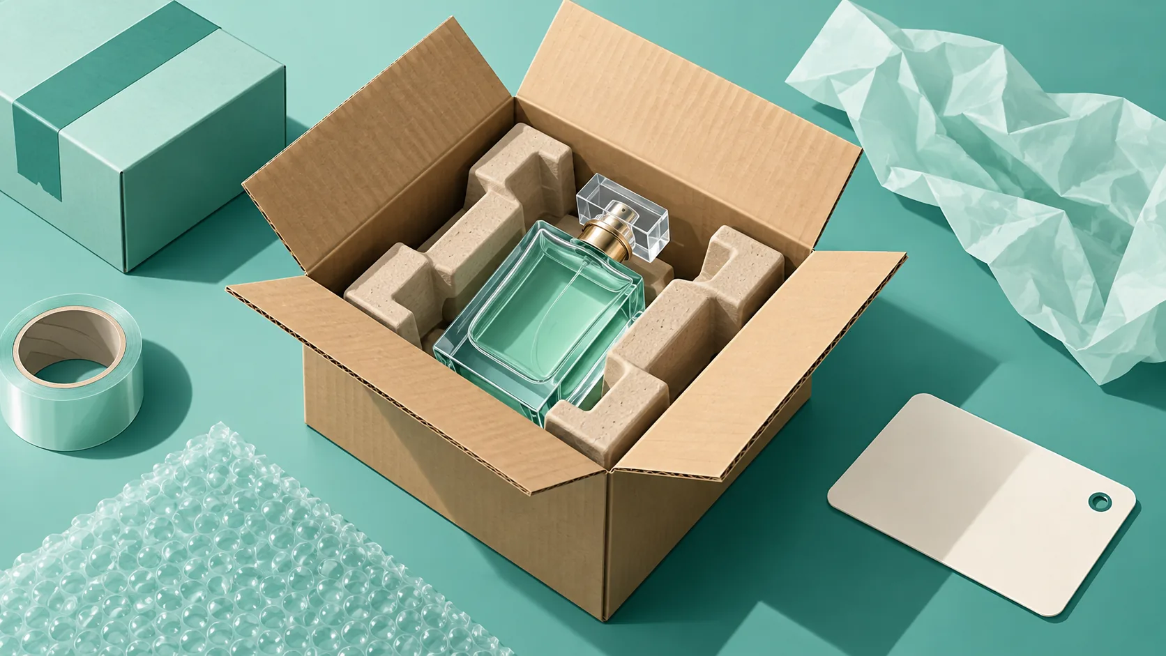 Generic glass bottle protected inside a parcel with cardboard inserts