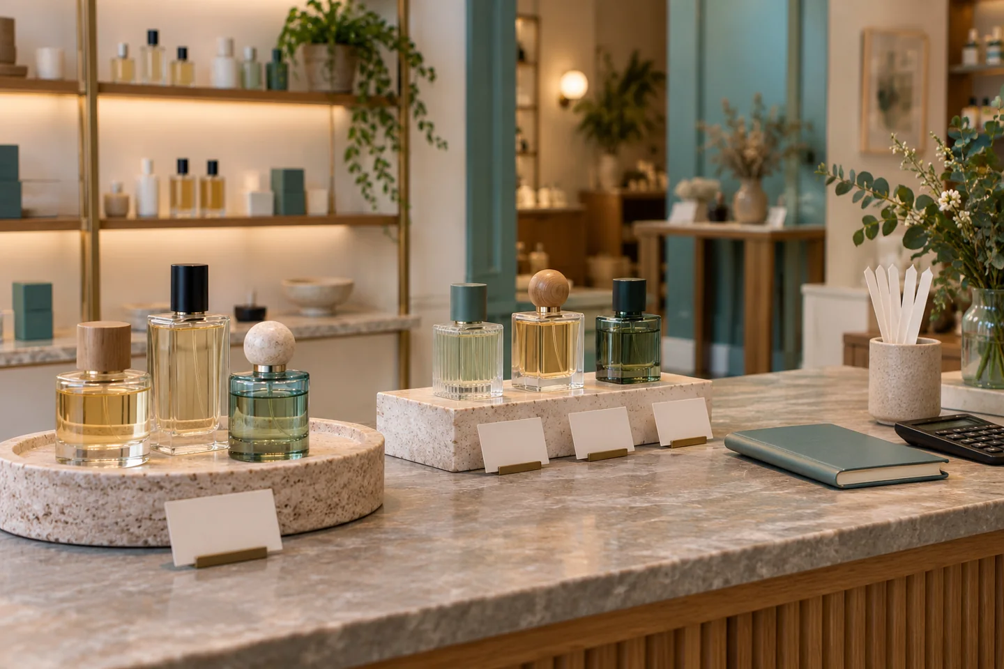 Small fragrance counter with plain shelf cards and calculator