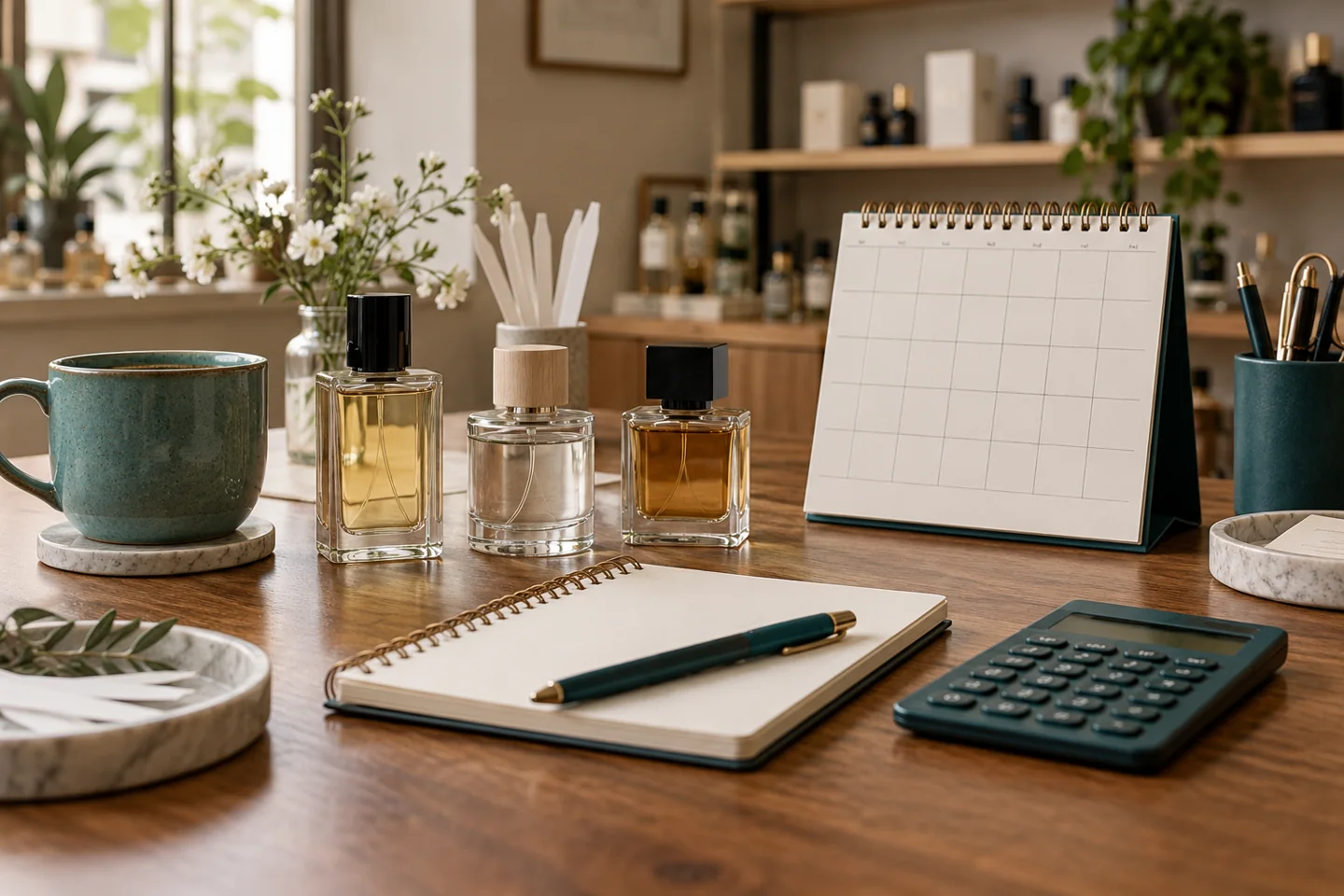 Small fragrance retail desk with blank calendar grid, calculator and service notes