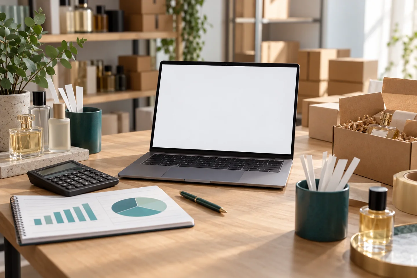 Fragrance retail desk with blank laptop screen, calculator and packing materials