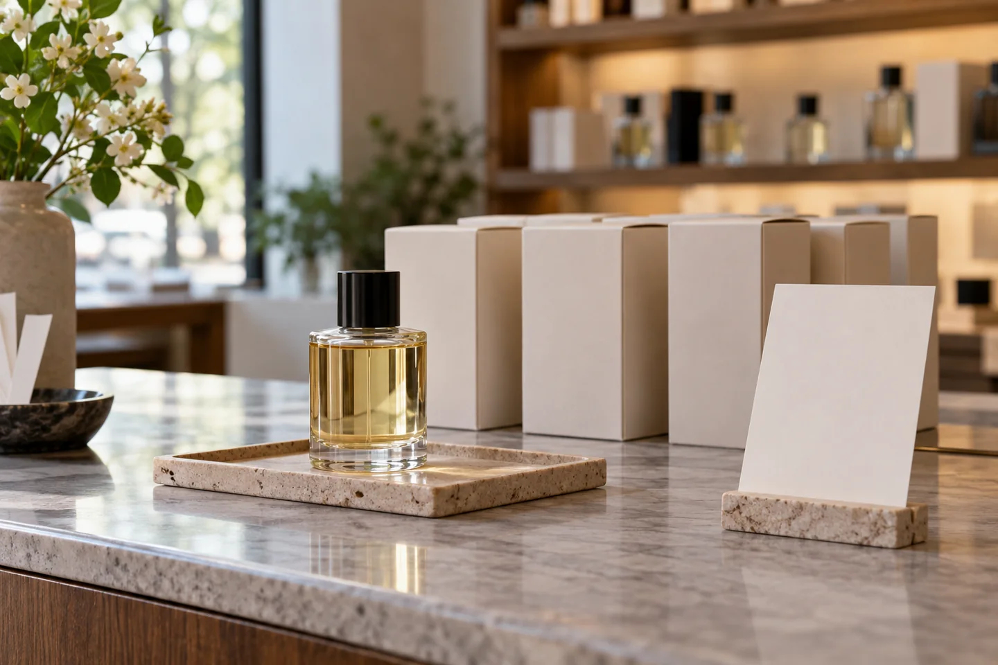 Separate sample bottle on a retail tray with sealed plain cartons and a blank stock card