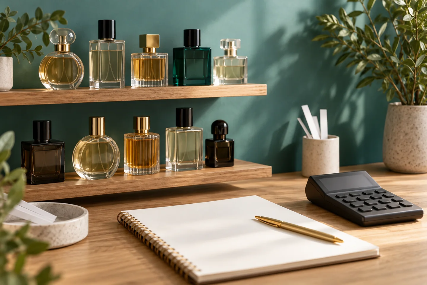 Generic perfume retail shelves, calculator and blank sales notebook