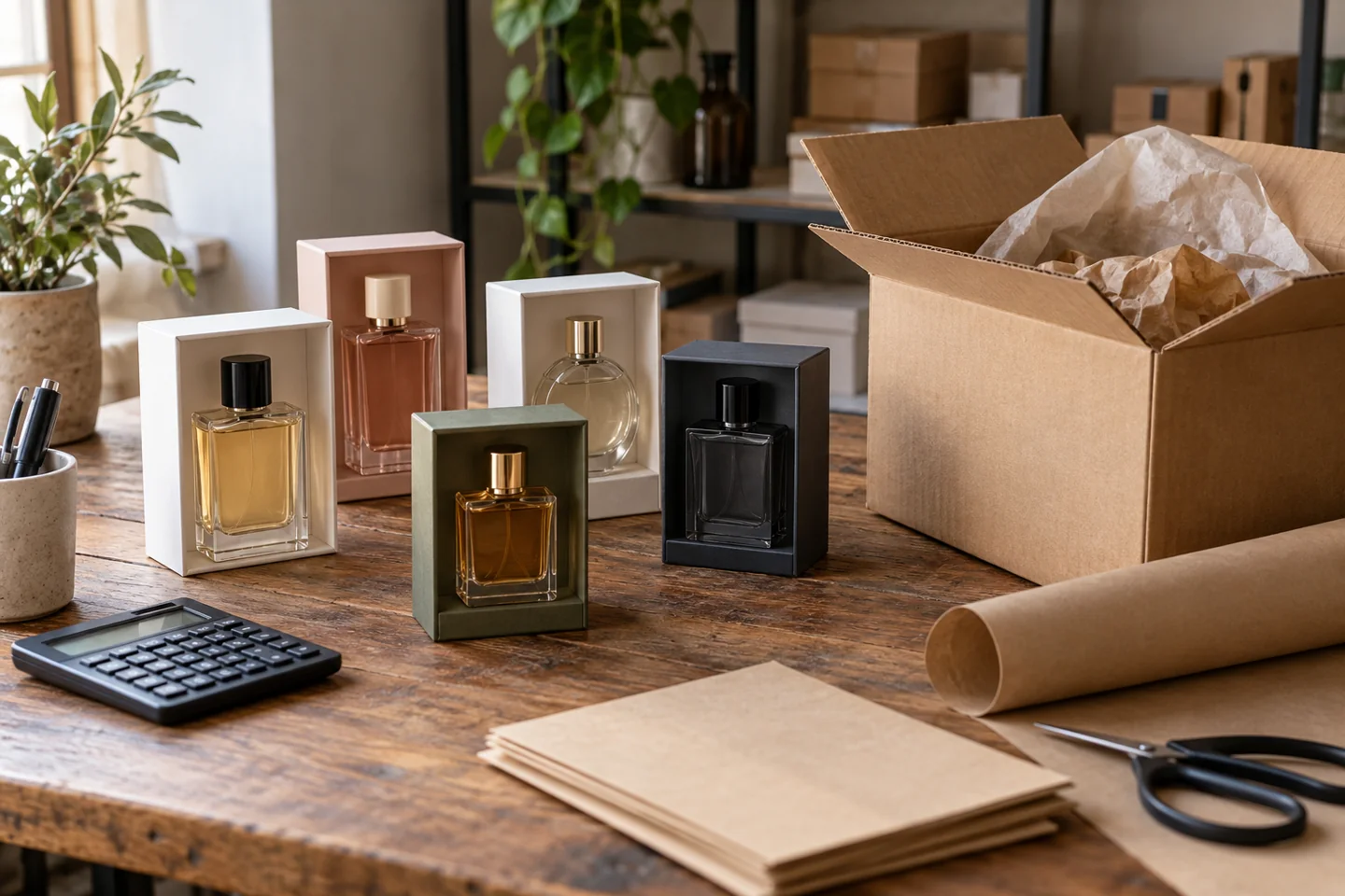 Five generic boxed perfumes beside an open shipping carton and a calculator